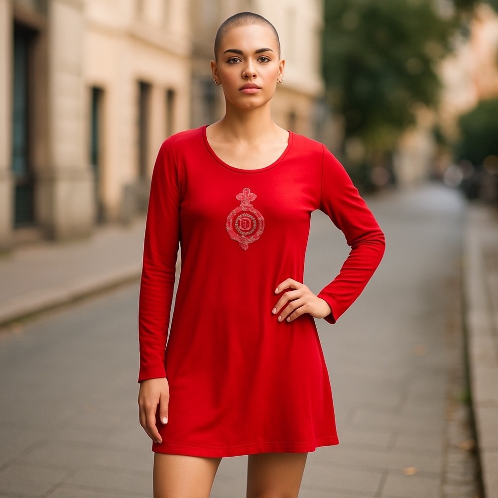 Lauren Ralph Lauren Dress Red Long Sleeve Rhinestone Embellished Crown Logo